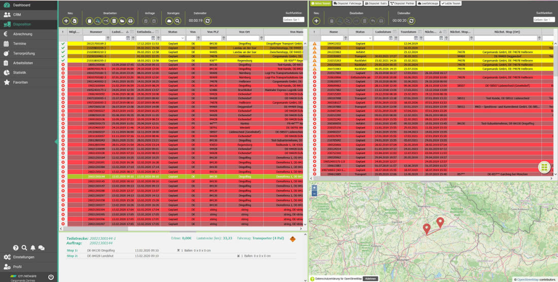 Dispomaske von cm.netware mit Auftragsliste links, Tourenliste rechts und Karte mit Stopps darunter