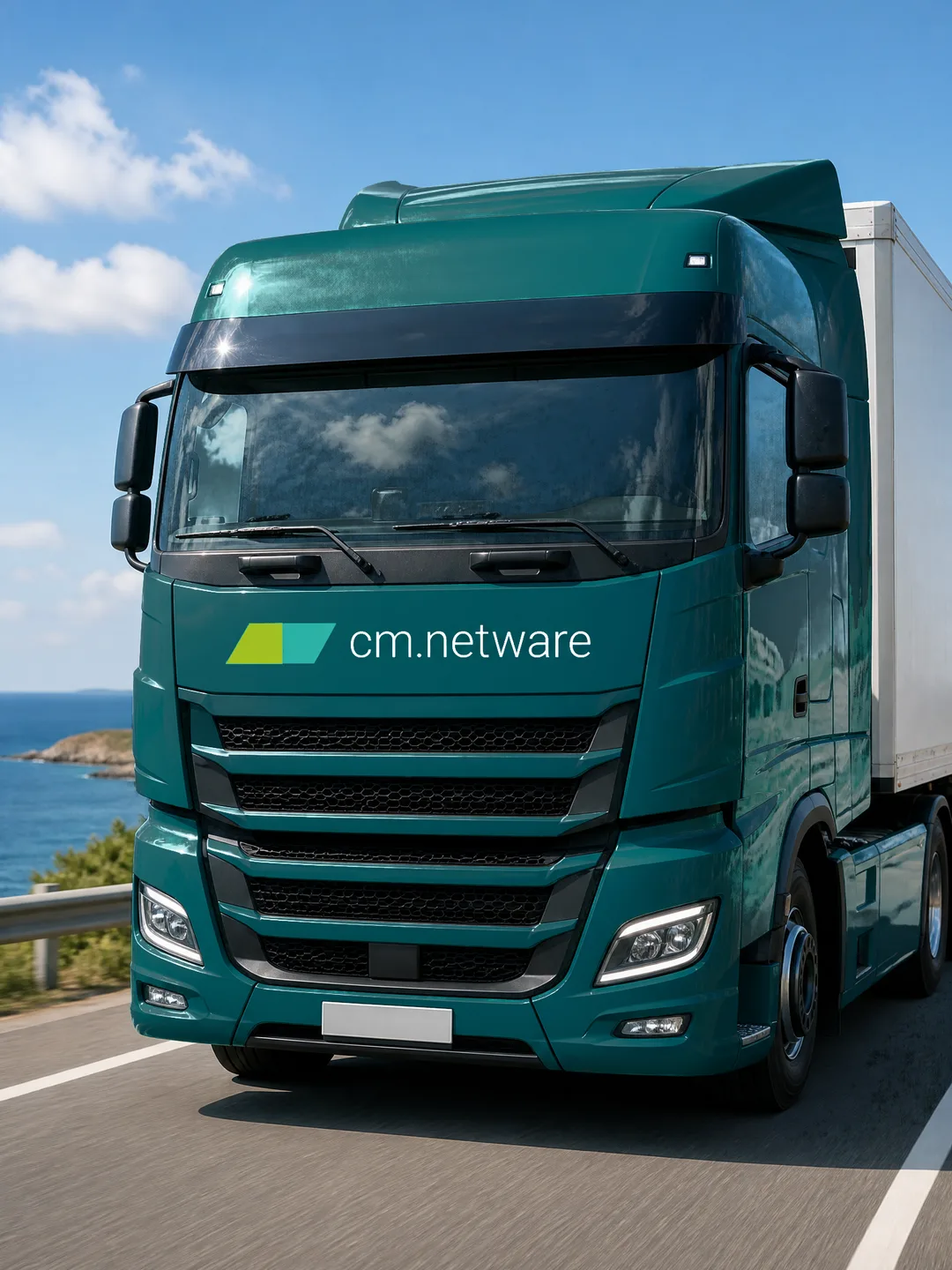 Dunkel-petrolfarbene Zugmaschine mit cm.netware-Logo auf der Front fährt bei Sonne auf einer Küstenstraße, dahinter ein weißer Auflieger und das Meer
