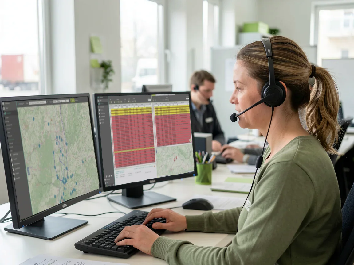 Disponentin mit Headset an zwei Bildschirmen mit cm.netware: links die Disposition auf der Karte, rechts die Dispo-Maske mit Auftragsliste