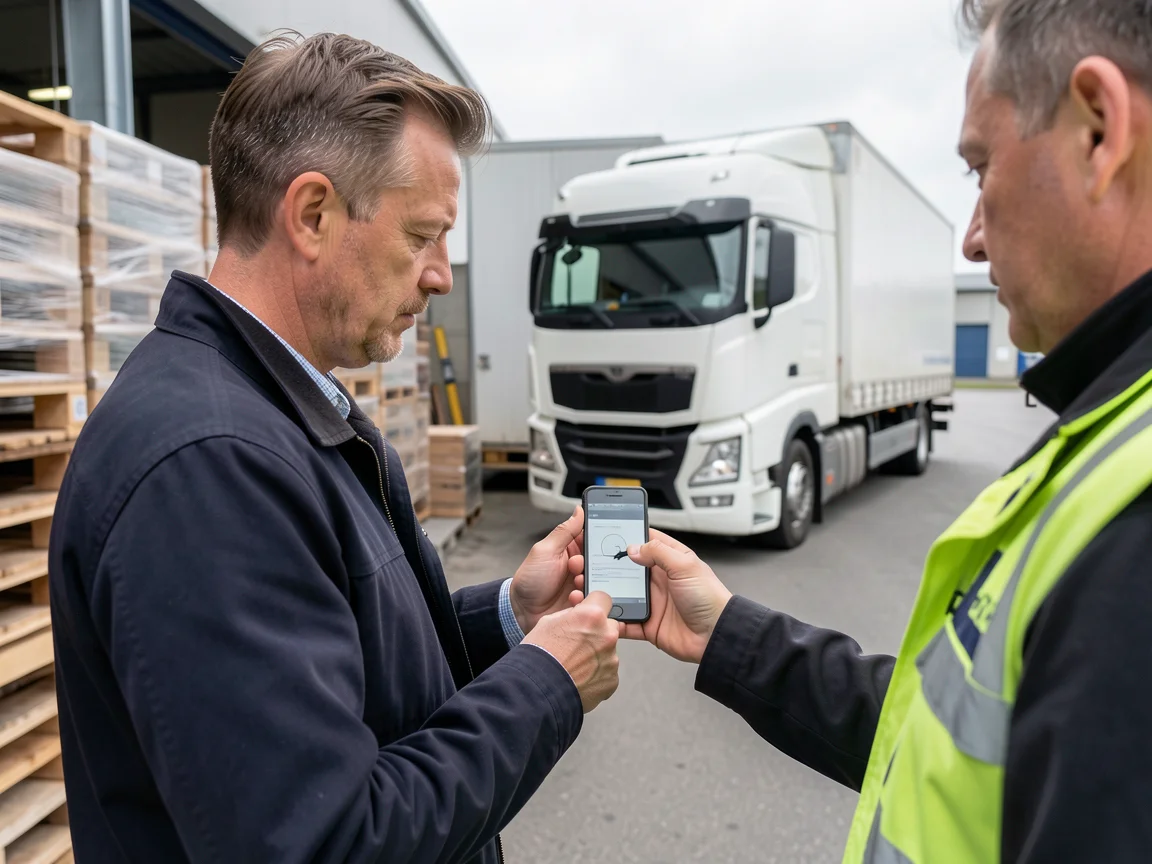 Fahrer an der Laderampe lässt die Ablieferung auf dem Smartphone quittieren, dahinter ein weißer Lkw